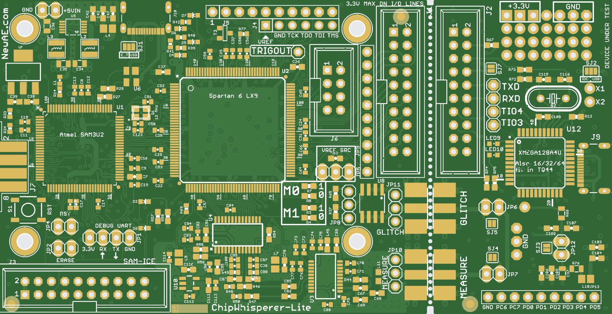 ChipWhisperer Lite PCB top view: green soldermask, ENIG gold pads, Spartan-6 FPGA center-left, XMEGA right