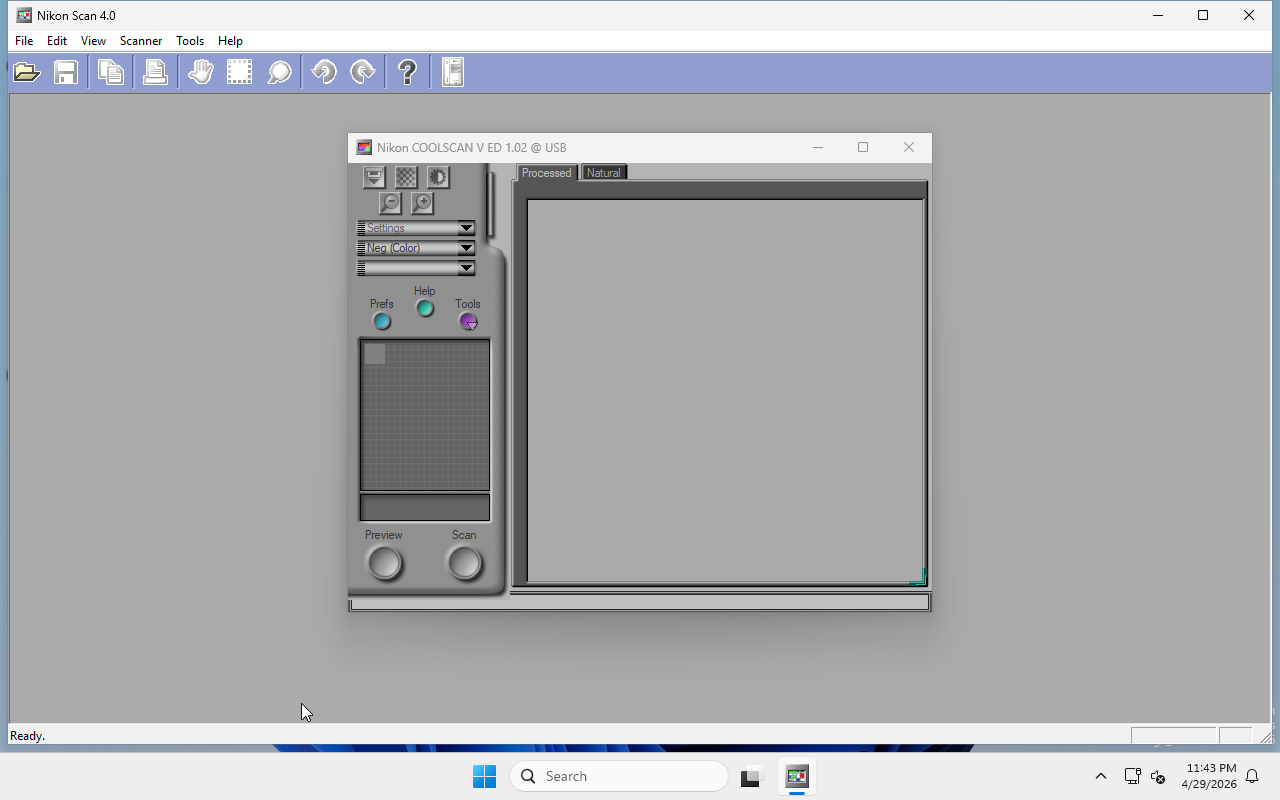 NikonScan 4.0 in the Windows VM, cursor hovering over the Preview button in the COOLSCAN V ED window, status bar reading 'Perform a preview scan and place the image into the Preview Area.'