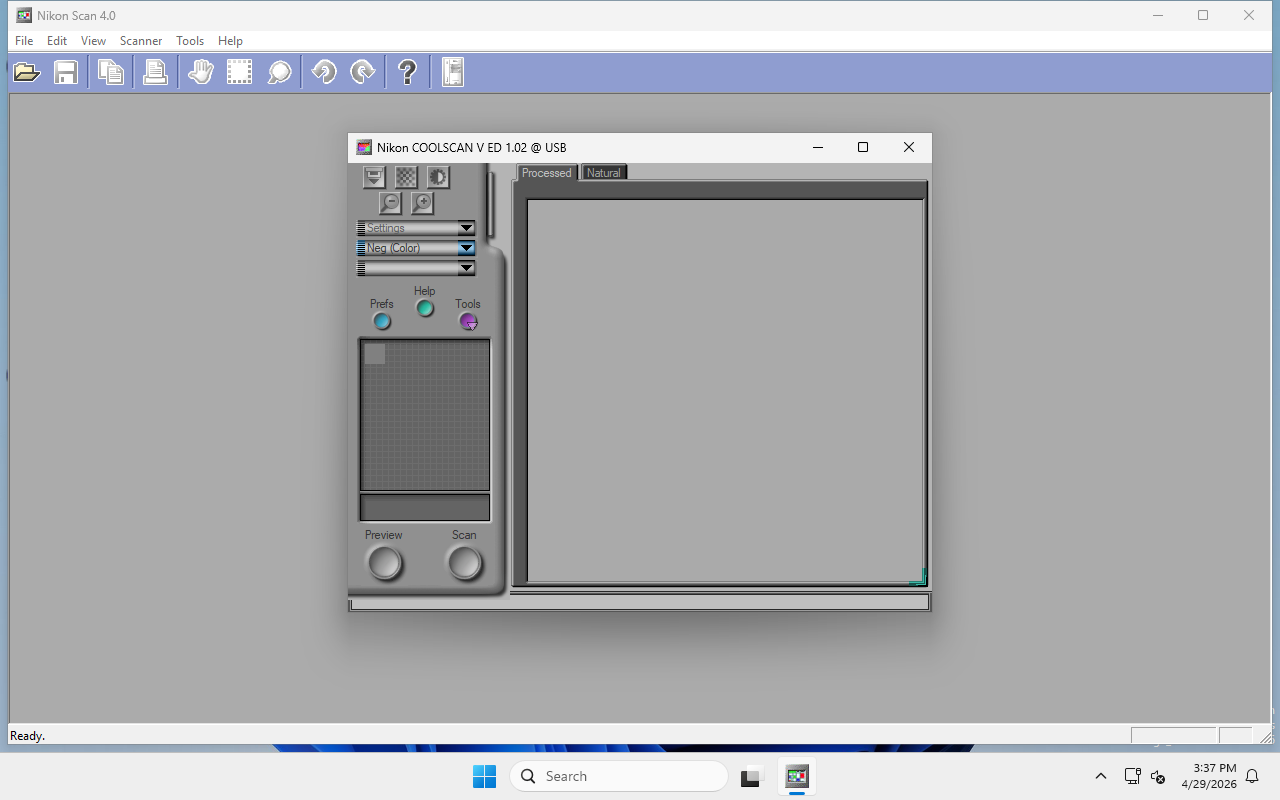 NikonScan 4.0 running in a Windows 10 VM with the COOLSCAN V ED scanner window open, reporting 'Nikon COOLSCAN V ED 1.02 @ USB' in the title bar. Our emulator has enumerated as a real scanner.